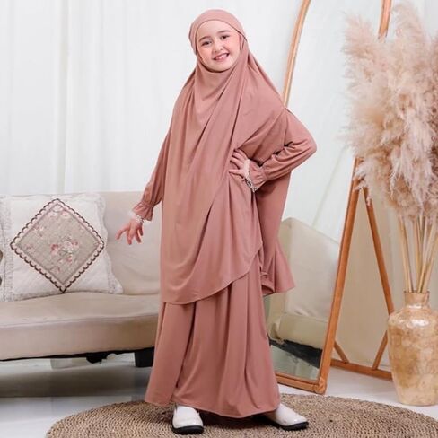 Kids Girls Muslim Islamic Two-piece Outfits Lace Long Sleeve Hijab Dress Abaya and Loose Skirt Full Cover Kaftan in Saudi Arabia