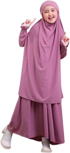 Kids Girls Muslim Islamic Two-piece Outfits Lace Long Sleeve Hijab Dress Abaya and Loose Skirt Full Cover Kaftan in Saudi Arabia
