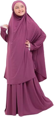 Kids Girls Muslim Islamic Two-piece Outfits Lace Long Sleeve Hijab Dress Abaya and Loose Skirt Full Cover Kaftan in Saudi Arabia