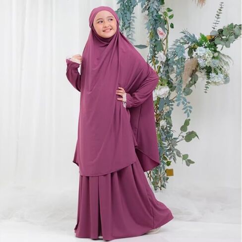 Kids Girls Muslim Islamic Two-piece Outfits Lace Long Sleeve Hijab Dress Abaya and Loose Skirt Full Cover Kaftan in Saudi Arabia