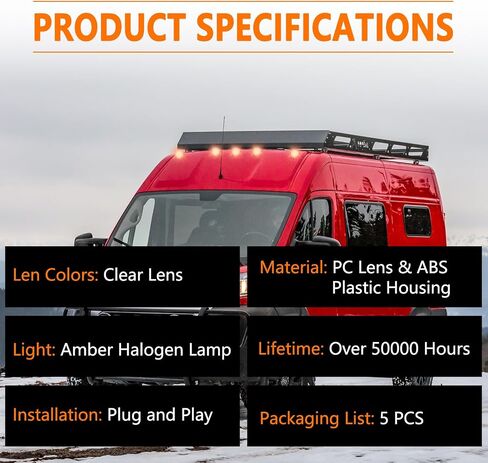 5PCS Cab Roof Marker Lights Top Roof Clearance Running Lights Compatible with 2014-2023 Dodge Ram ProMaster 1500 2500 3500 Replace# 926-109 68232473AA/AB/AC/AD (Clear Lens Amber Halogen Lamp) in Kuwait