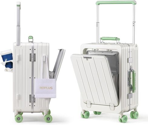Carry On Luggage with Front Cover Compartment, Aluminium Frame Rolling Suitcase with Skate Wheels, USB Ports, Cup Holder, TSA Lock (GrayBrown, 21-Inch) in Saudi Arabia