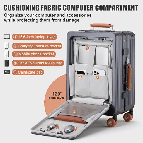 Carry On Luggage with Front Cover Compartment, Aluminium Frame Rolling Suitcase with Skate Wheels, USB Ports, Cup Holder, TSA Lock (GrayBrown, 21-Inch) in Kuwait