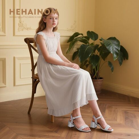 Hehainom Girls Heels Dress Shoes Square Toe Sandals Flower Girl Party Wedding Church Little Big Kid Shoes in Saudi Arabia
