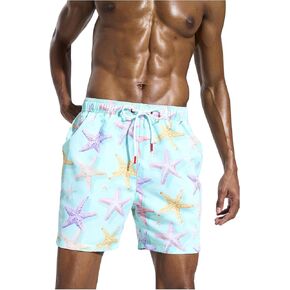 MakeMeChic Men's Graphic Print Swim Trunks Drawstring Waisted Slant Pocket Summer Beach Shorts
