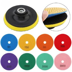 9 Packs 4 Inch Diamond Polishing Pads, 1 Pcs Hook and Loop Backer Pad, 8 Pcs Water Polish Pad Kit 50-3000 Grit Suitable for Polishing Granite, Marble, Concrete and Stone Countertops