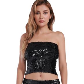Women Belly Dance Sequin Tube Top Sparkle Sleeveless Crop Bra Club Vintage Rave Costume for Halloween Party