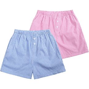 Pehmea Girls 2 Pack Cotton Shorts ، Kids Plaid Print Elastic Weist Disual Short Summer Beach Bants مع جيوب لمدة 5-12 سنوات