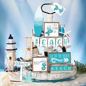 14 Pcs Summer Beach Tiered Tray Decor Set Farmhouse Wooden Beach Starfish Table Decor Blue Rustic Tabletop Sign Coastal Centerpieces for Summer Home Kitchen Table Hawaii Party Holiday