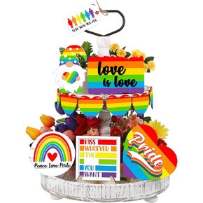 12 PCS Pride Tiered Tray Decor Decords Rainbow Table Decorations Gnome Heart Love Is Love Wooden Sign for Pride Month Home Office Decor