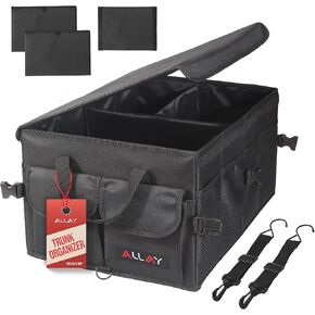ALLAY Trunk Organizer for Car with Lid – Foldable SUV Trunk Organizer – Multi-Compartment Car Box and Storage – 800D Oxford Truck Bed Shelf with Securing Straps, Non-Slip Bottom 65L