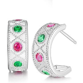 Moissanite Emerald Ruby Sparkle Chunky Wide Hoop Earrings for Women, Solid 925 Sterling Silver, Gorgeous Half Hoop Earrings, Christmas Anniversary Mother's Day Jewelry