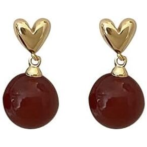 Gold Heart & Red Act Dangle أقراط - 18 كيلو متر مطلي بالذهب ، أقراط أسطوانة صغيرة ، مجوهرات رومانسية للمناسبات اليومية والخاصة