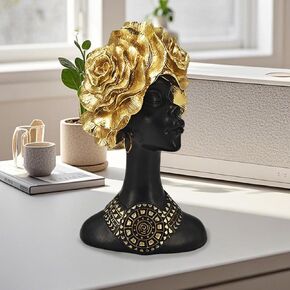 African Art Bust Sculpture - Gold Rose Headpiece Girl Figurine, Resin Afrocentric Statue for Living Room, Bookshelf, Office & Wood Shelf Home Decor