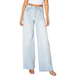 ONESO High Waisted Stretchy Women Wide Leg Jeans Buckle Baggy Pants Underwear Lady Trouser