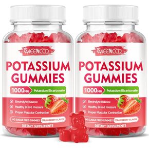 Potassium Gummies 1000mg, Potassium Bicarbonate Supplement for Adults & Kids, Potassium Supplement for Electrolyte Balance & Muscle Heath, Sugar-Free, Strawberry Flavor, 60 Count