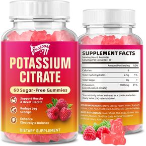 2 Pack Potassium Citrate Gummies 1000mg, Potassium Supplement for Adults Women & Men, Support Leg Cramps & Muscle Health, 120 Count