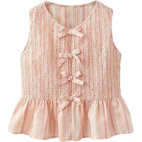 SweatyRocks Girl's Striped Bow Peplum Tank Top Sleeveless Crew Neck Ruffle Smocked Summer Tops