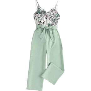 OYOANGLE Girl's Floral Jumpsuit Wrap V Neck Wide Leg Rompers Casual Overalls Pants