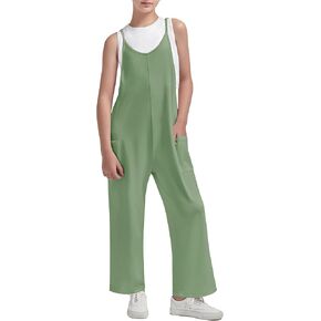EXARUS Girls 2 Piece Outfits Jumpsuit Sleeveless Romper Crop Top and Pants Set Loose Overalls with Pockets Casual