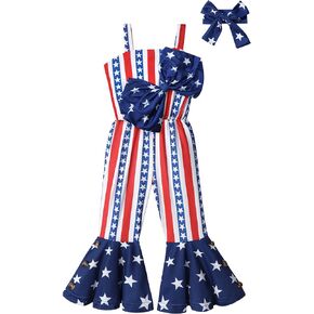 DONWEN Toddler Girl 4th of July Outfit American Flag Bow Tie Sleevelss Stars Stripes Patriotic Girls Jumpsuit Clothes