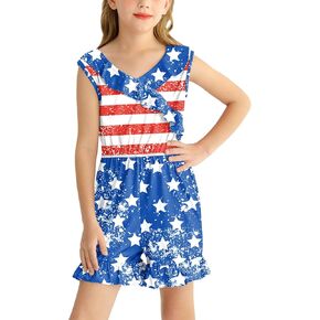 BesserBay Girl's 4th of July Sleeveless American Flag Romper Memorial Day Ruffle Trim Jumpsuits 6-14 Years