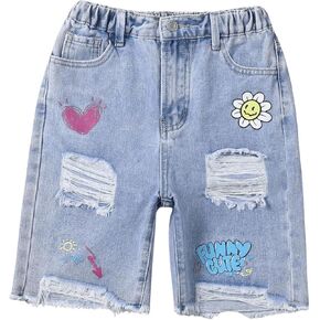 Wdirara Girl's Graph Cute Musticed Bermuda Denim Shorts مرنة عالية الخصر النائب الخام جان جان