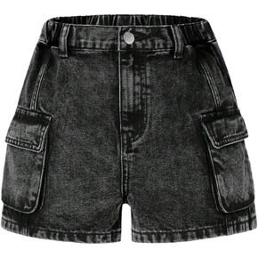 Girl's Vintage Denim Cargo Shorts High Waist Bermuda Jean Shorts with Pockets