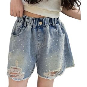 Rolanko Girls Jean Shorts Wide Leg Baggy Denim Shorts Elastic Waist Kids Shorty Summer Short with Pocket 6-14 Years
