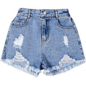 GORGLITTER Girl's Ripped Distressed Jean Shorts Raw Hem High Waist Straight Leg Denim Shorts