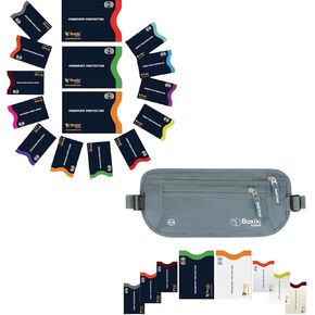 Boxiki Travel RFID Bundle: الأكمام مع ترميز اللون وحزام المال الرمادي + أكمام RFID