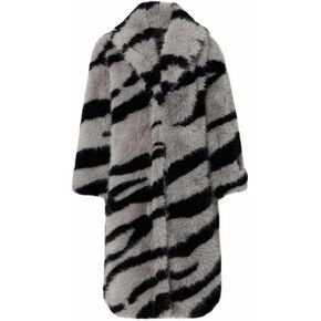 Women Warm Zebra Pattern Faux Fur Coat Lapel Long Sleeve Outwear Winter Fluffy Fur Overcoat