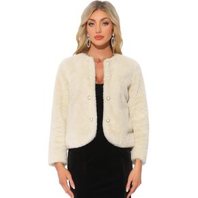 Allegra K Winter Faux Fur Coat Jacket for Women Long Sleeve Pockets Pearl Button Fluffy Cropped Cardigan Outerwear