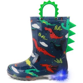 HugRain Toddler Boys Adorable Dinosaur Light Up Rain Boots