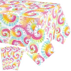 Newwiee 3 Pcs Tie Dye Tablecloth Rainbow Table Cloth 54 x 108 Inches Plastic Rectangle Tie Dye Party Supplies Colorful Disposable Table Cover for Tie Dye Themed Party Birthday Dining Room Kitchen