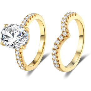 MDFUN 18K Yellow Gold Plated 7 * 9mm Oval Cubic Zirconia Two-in-One Wedding Band Engagement Promise Eternity Ring for Women