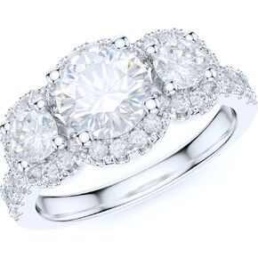 Sterling Silver Three Stones 1CT Simulated Round Brilliant Cut Diamond or Genuine Moissanite Halo Engagement Ring Wedding Promise Ring