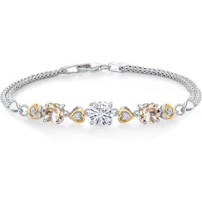 Gem Stone King 925 Sterling Silver and 10k Yellow Gold White Moissanite Peach Morganite and White Lab Grown Diamond Bracelet For Women (2.48 Cttw, Round 7MM and 6MM, 6.5/7/7.5 Inch, Made In Italy)
