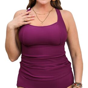 CUPSHE Women's Plus Size Tankini Top Swimsuit Only Scoop Neck Crisscross Back Ruching