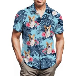 Corgi Hawaiian Shirts for Men,Button Down Beach Casual Shirtss