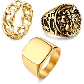 HANPABUM 3Pcs 14K Gold Plated Rings for Men Women Chunky Cuban Link Ring, Size 7-15