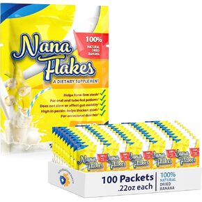 NuNutritional Designs, Prebiotic Nana Flakes with Inulin, 100% Pure Banana Flakes, Gut Health, High Protein & Fiber, Natural Diarrhea Remedy, IBS Relief, for Adults & Kids 4+ (100 Single-Serve Packs)
