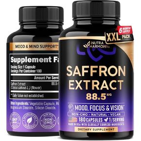 Natural Saffron Supplements - Pure Saffron Extract 88.5 mg - Made in USA - Mood | Focus | Vision | Energy Support - Eye Health for Women & Men - NonGMO Vegan Pills - 90 Powder Capsules, 3 Month Supply