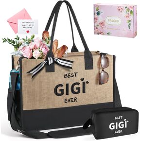 TRSODD Gigi Gifts for Grandma, Embroidery Straw Tote Bag for Women Christmas Gifts for Gigi, Gigi Mothers Day Gifts, Best Gigi Ever Beach Bag w Makeup Bag Inner Pocket Shoulder Strap Gift Box Card