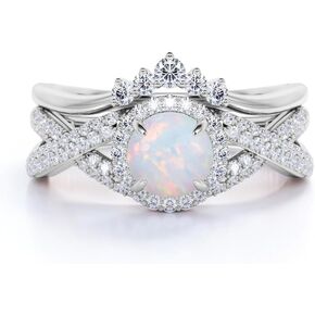 S925 Sterling Silver 1.5 Carat (ctw) White Opal Wedding Ring Sets for Women Halo Opal Bridal Set Round Cut Engagement Ring Sets for Her