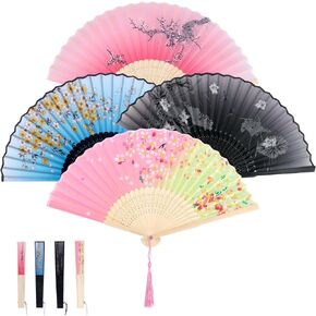 BOXOB 4pcs Handheld Floral Folding Fans with Tassels, Women Flower Foldable Fan Chinese Style Floral Folding Clack Hand Held Fans Clacking Gifts for Wedding Party Line Dancing