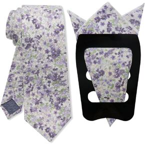 Mens Floral Tie Handkerchief Pocket Squares Holder, 2.75'' Cotton Neckties for Weddings, Party, Business, Casual