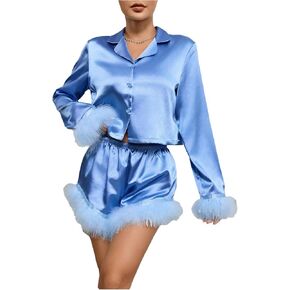 Verdusa Women's 2 Piece Satin Fuzzy Pajama Sets Button Up Long Sleeve Shirt with Shorts