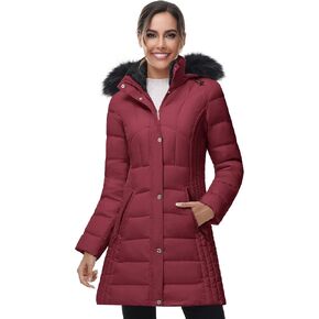 SLOW DOWN Women Winter Down Puffer Coat Warm Hooded Mid-Length Down Jacket for Women with Faux Fur Trim Hood and Pile Collar