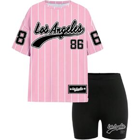 Girl's 2 Piece Baseball Summer Outfits Striped Graphic Jersey Shirt and Biker Shorts Set